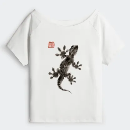 Tokyo-Tiger Minimal Asian Ink Brush Gecko Vibe Off Shoulder T-Shirt