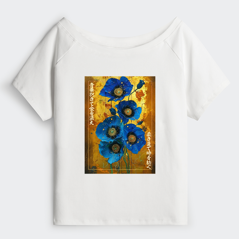 Tokyo-Tiger Shiny Blue Flower Warm Golden Background Off Shoulder T-Shirt