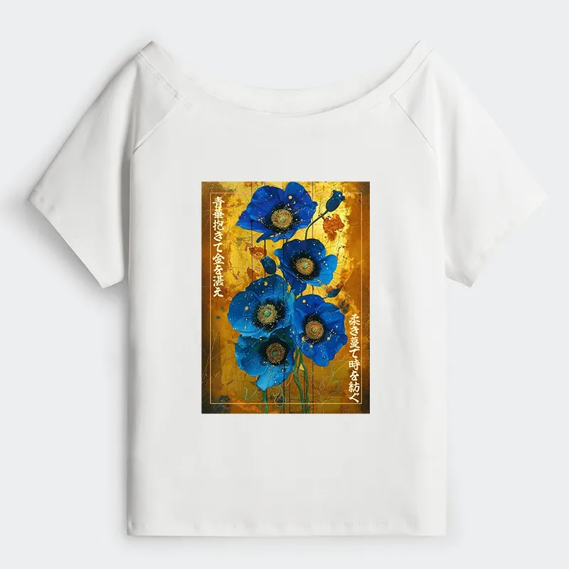 Tokyo-Tiger Shiny Blue Flower Warm Golden Background Off Shoulder T-Shirt