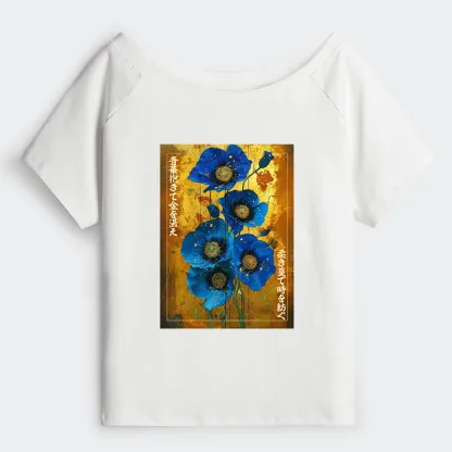 Tokyo-Tiger Shiny Blue Flower Warm Golden Background Off Shoulder T-Shirt