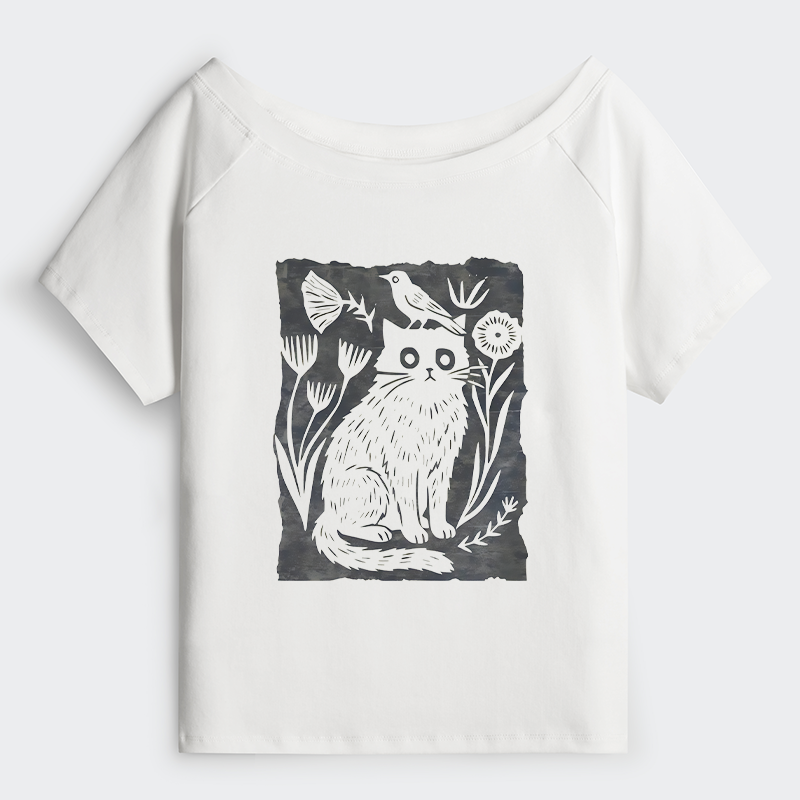 Tokyo-Tiger Folk Paper Cut Cat Bird Floral Art Off Shoulder T-Shirt
