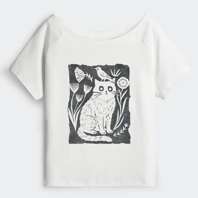 Tokyo-Tiger Folk Paper Cut Cat Bird Floral Art Off Shoulder T-Shirt