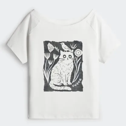 Tokyo-Tiger Folk Paper Cut Cat Bird Floral Art Off Shoulder T-Shirt