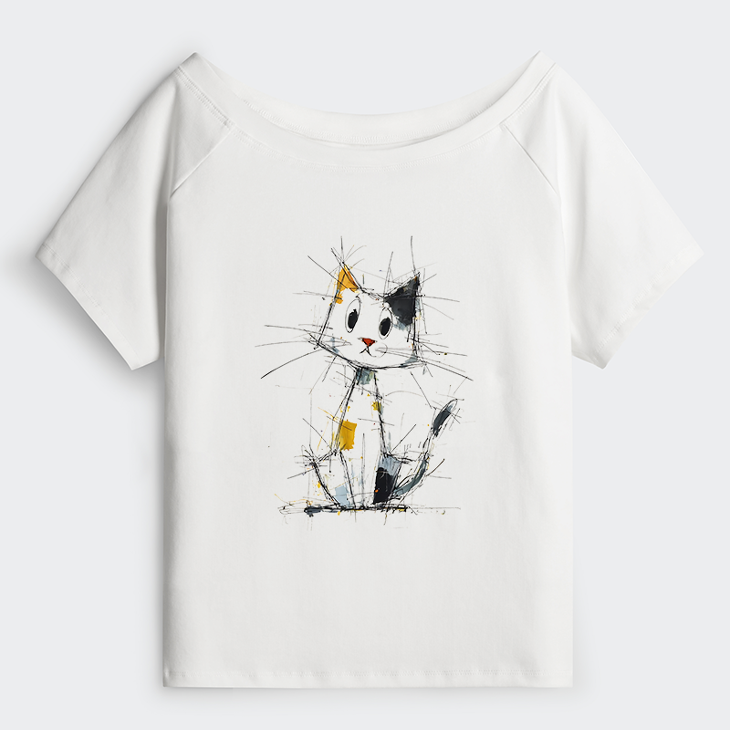 Tokyo-Tiger Minimal Splash Ink Cute Cat Off Shoulder T-Shirt
