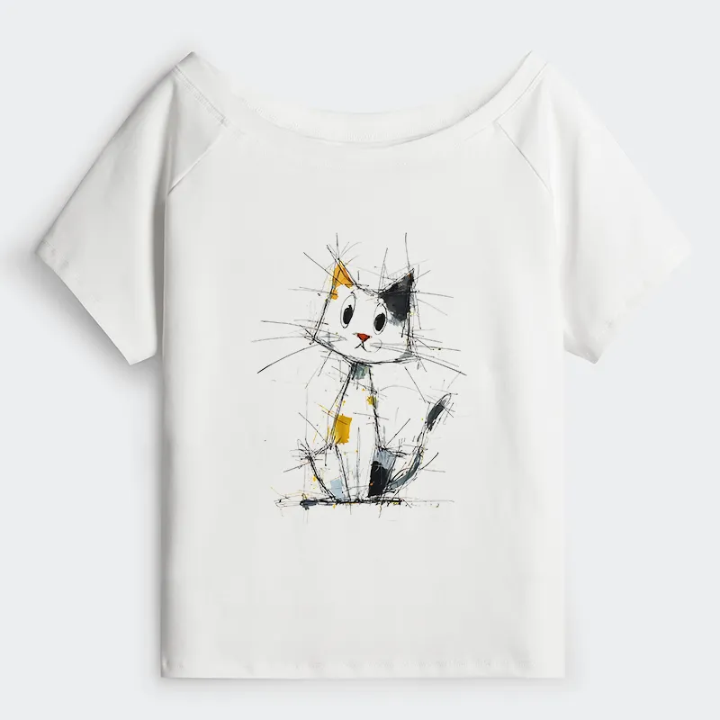 Tokyo-Tiger Minimal Splash Ink Cute Cat Off Shoulder T-Shirt