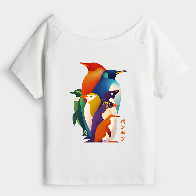 Tokyo-Tiger Cute Multi Tone Penguins Off Shoulder T-Shirt