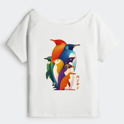 Tokyo-Tiger Cute Multi Tone Penguins Off Shoulder T-Shirt