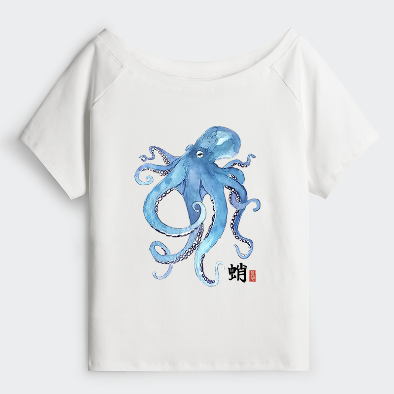 Tokyo-Tiger Watercolor Blue Octopus Off Shoulder T-Shirt