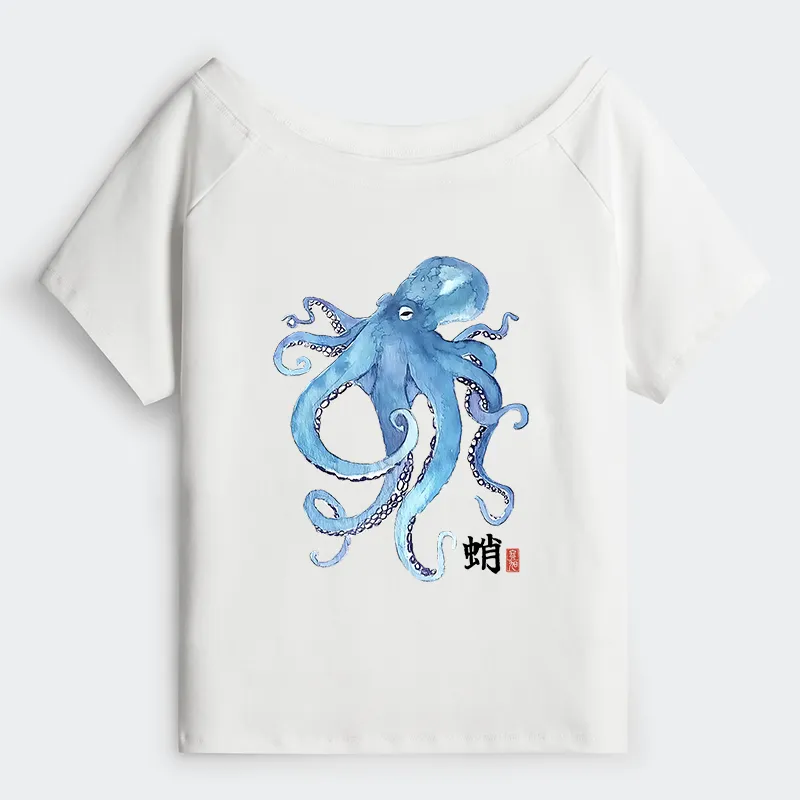 Tokyo-Tiger Watercolor Blue Octopus Off Shoulder T-Shirt