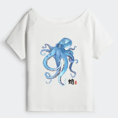Tokyo-Tiger Watercolor Blue Octopus Off Shoulder T-Shirt