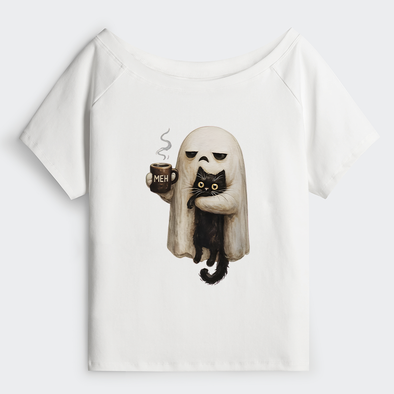 Tokyo-Tiger Ghost Cat Coffee Mood Off Shoulder T-Shirt