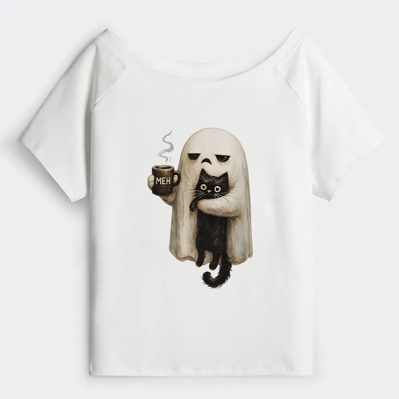 Tokyo-Tiger Ghost Cat Coffee Mood Off Shoulder T-Shirt