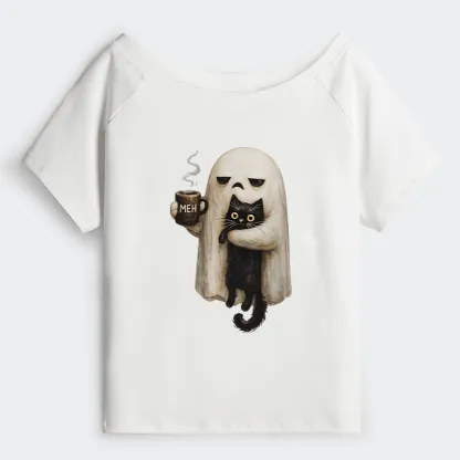 Tokyo-Tiger Ghost Cat Coffee Mood Off Shoulder T-Shirt