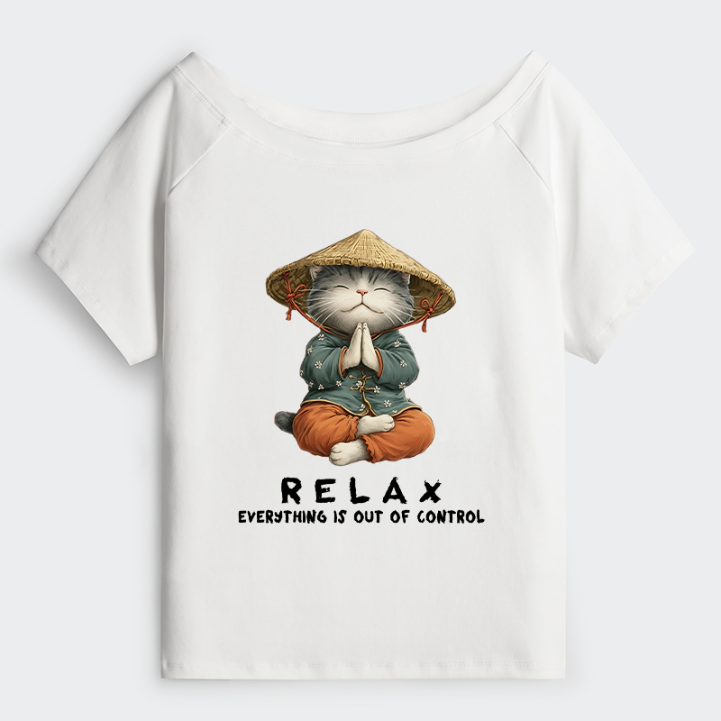 Tokyo-Tiger Zen Relax Cat Graphic Off Shoulder T-Shirt