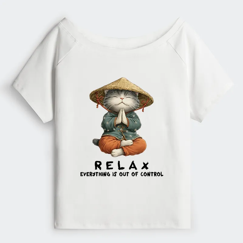 Tokyo-Tiger Zen Relax Cat Graphic Off Shoulder T-Shirt