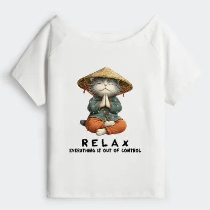 Tokyo-Tiger Zen Relax Cat Graphic Off Shoulder T-Shirt
