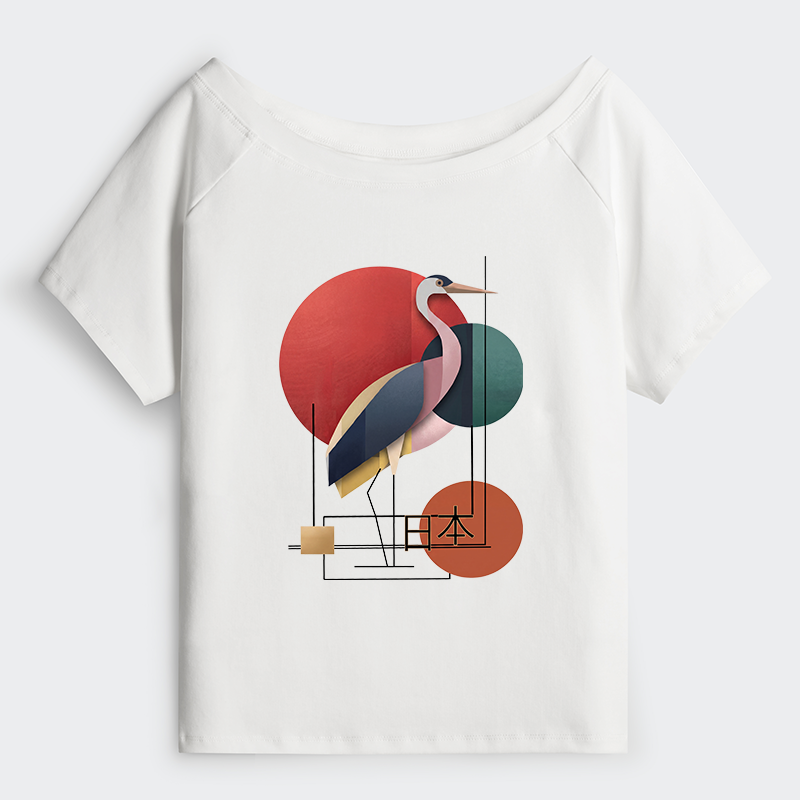 Tokyo-Tiger Geometric Crane Art Off Shoulder T-Shirt