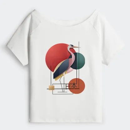 Tokyo-Tiger Geometric Crane Art Off Shoulder T-Shirt