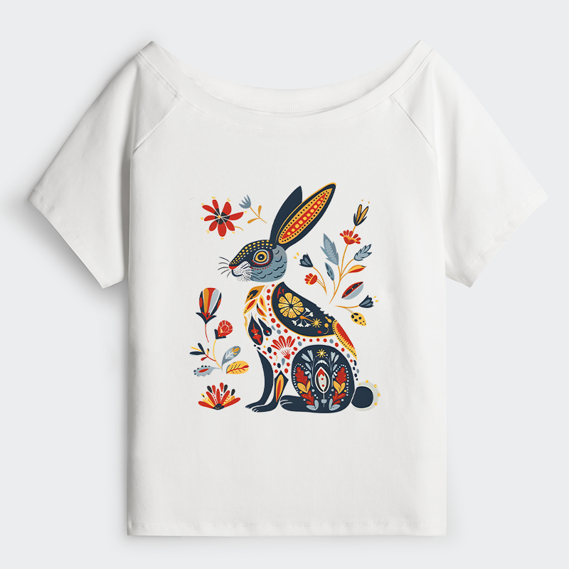 Tokyo-Tiger Folk Hare Bloom Off Shoulder T-Shirt