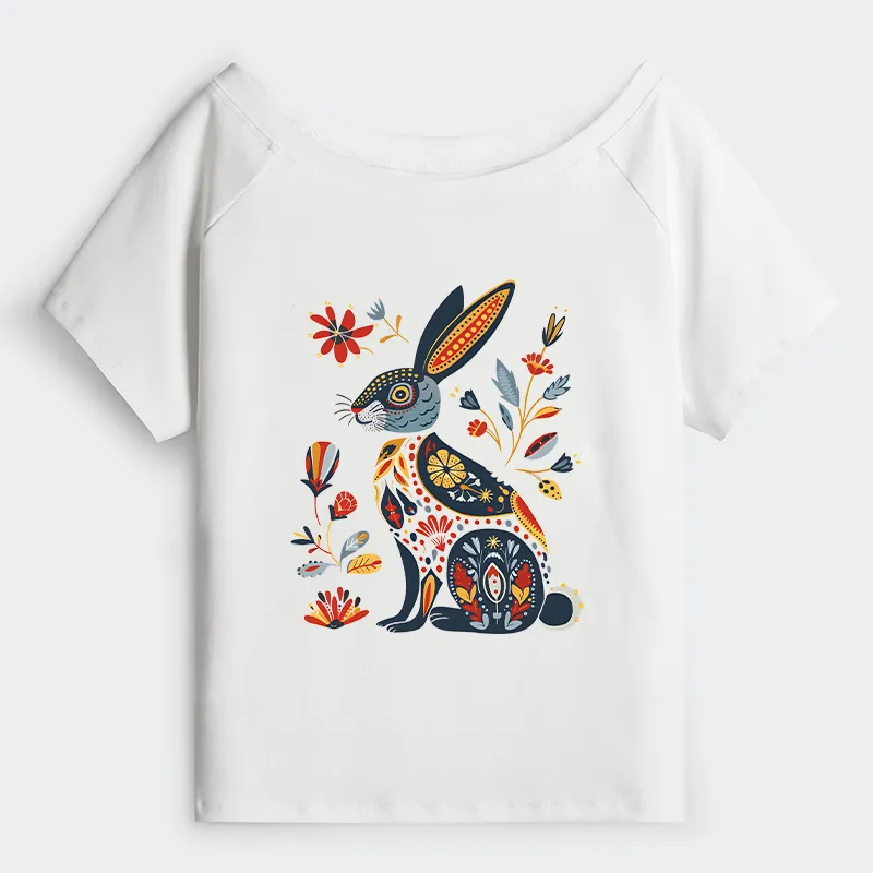 Tokyo-Tiger Folk Hare Bloom Off Shoulder T-Shirt