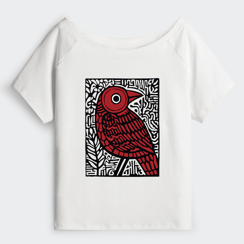 Tokyo-Tiger Retro Woodblock Bird Off Shoulder T-Shirt
