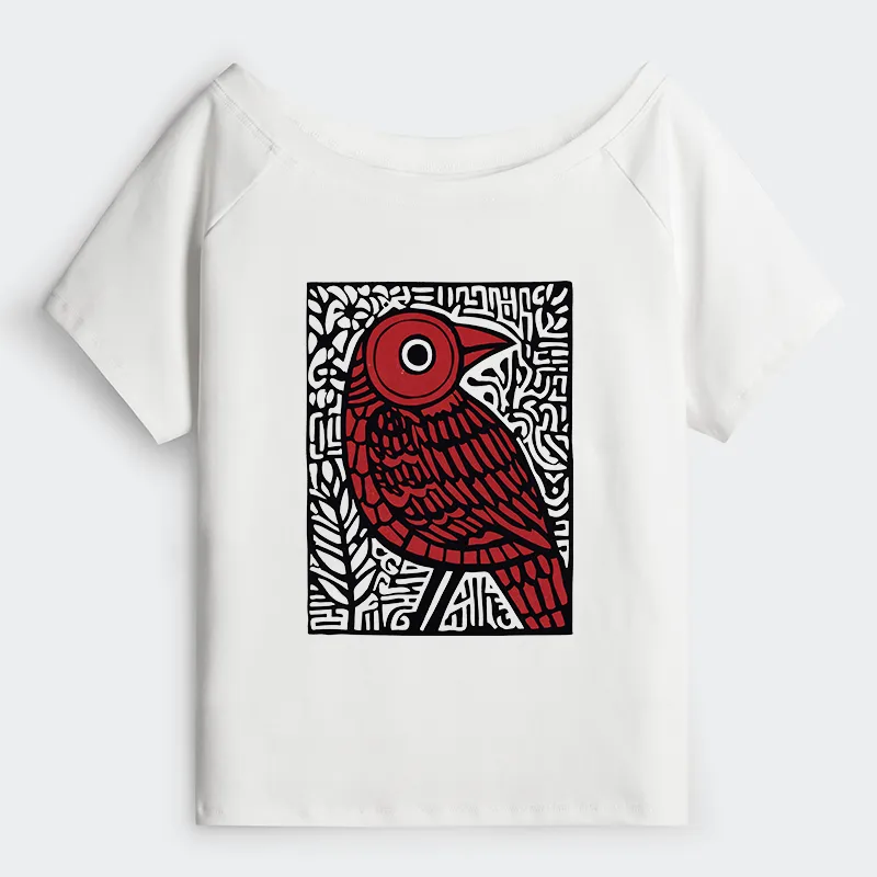 Tokyo-Tiger Retro Woodblock Bird Off Shoulder T-Shirt