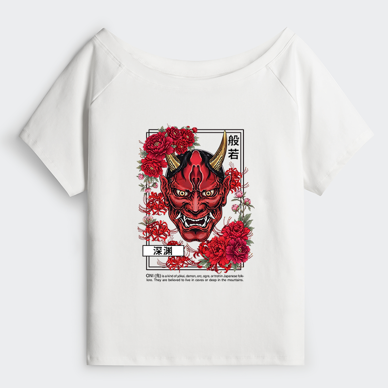 Tokyo-Tiger Cool Oni Floral Art Off Shoulder T-Shirt