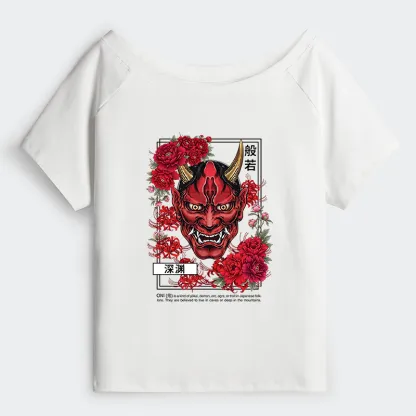 Tokyo-Tiger Cool Oni Floral Art Off Shoulder T-Shirt