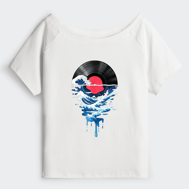Tokyo-Tiger Vinyl Records And Waves Off Shoulder T-Shirt