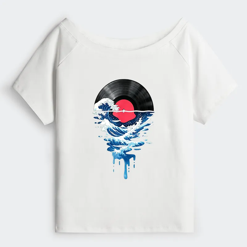 Tokyo-Tiger Vinyl Records And Waves Off Shoulder T-Shirt
