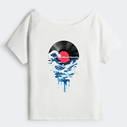 Tokyo-Tiger Vinyl Records And Waves Off Shoulder T-Shirt