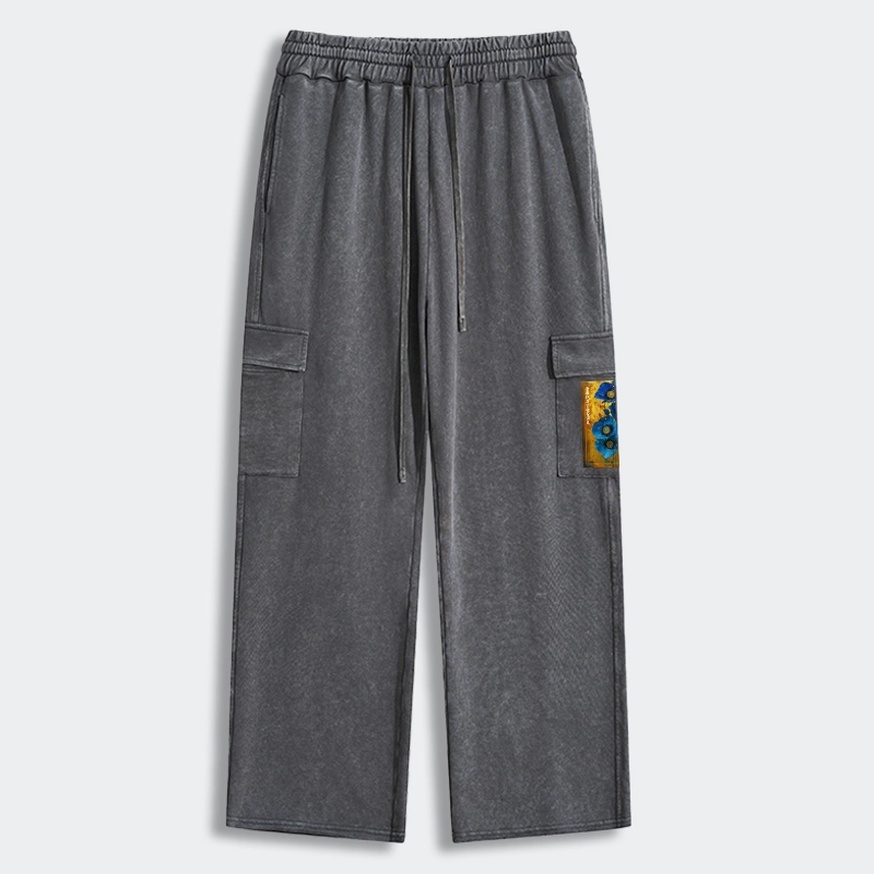 Tokyo-Tiger Shiny Blue Flower Warm Golden Background Washed Utility Sweatpants