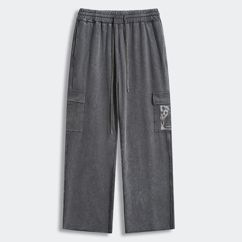 Tokyo-Tiger Folk Paper Cut Cat Bird Floral Art Washed Utility Sweatpants