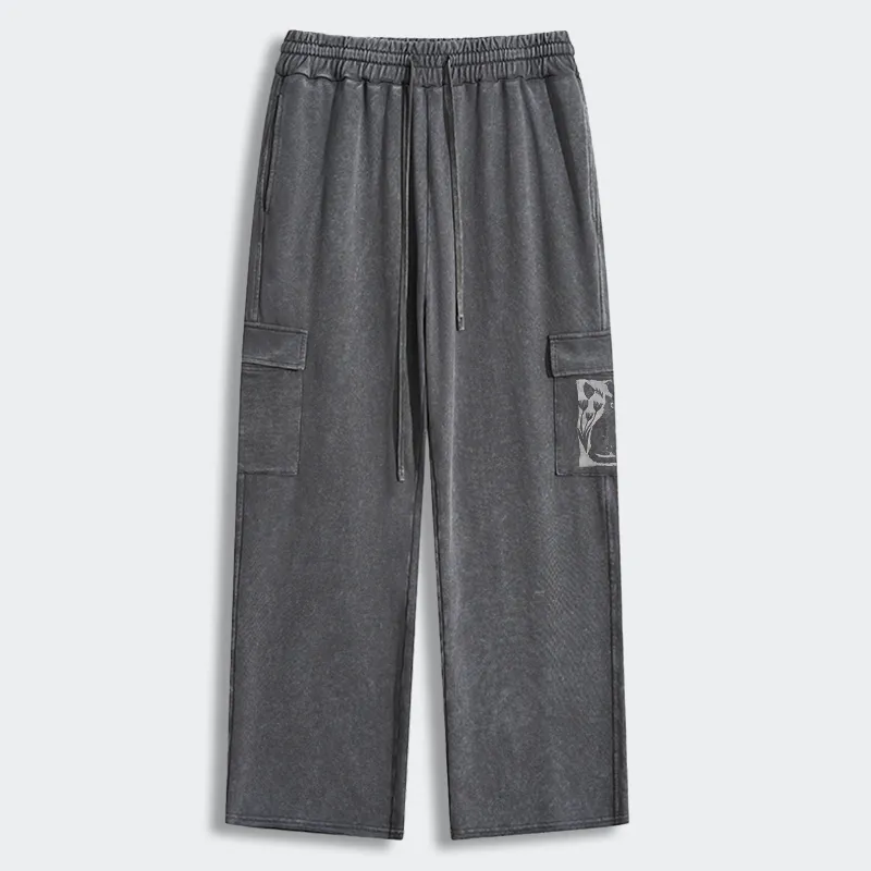 Tokyo-Tiger Folk Paper Cut Cat Bird Floral Art Washed Utility Sweatpants