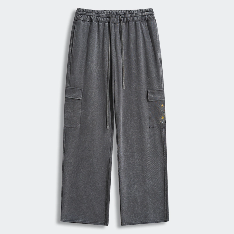 Tokyo-Tiger Minimal Splash Ink Cute Cat Washed Utility Sweatpants