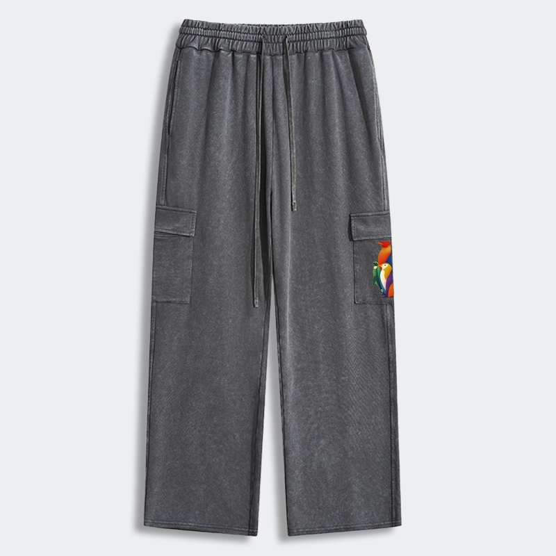 Tokyo-Tiger Cute Multi Tone Penguins Washed Utility Sweatpants