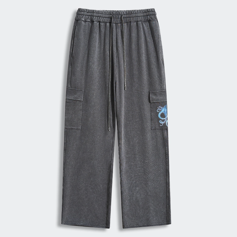 Tokyo-Tiger Watercolor Blue Octopus Washed Utility Sweatpants