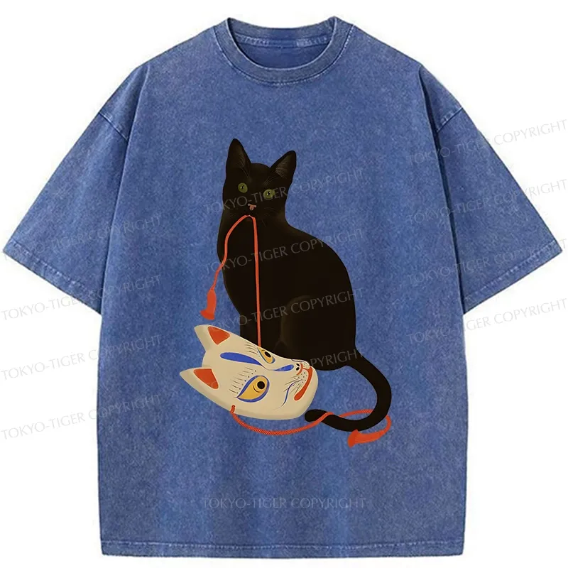 Tokyo-Tiger Cat Holding A Fox Mask Washed T-Shirt