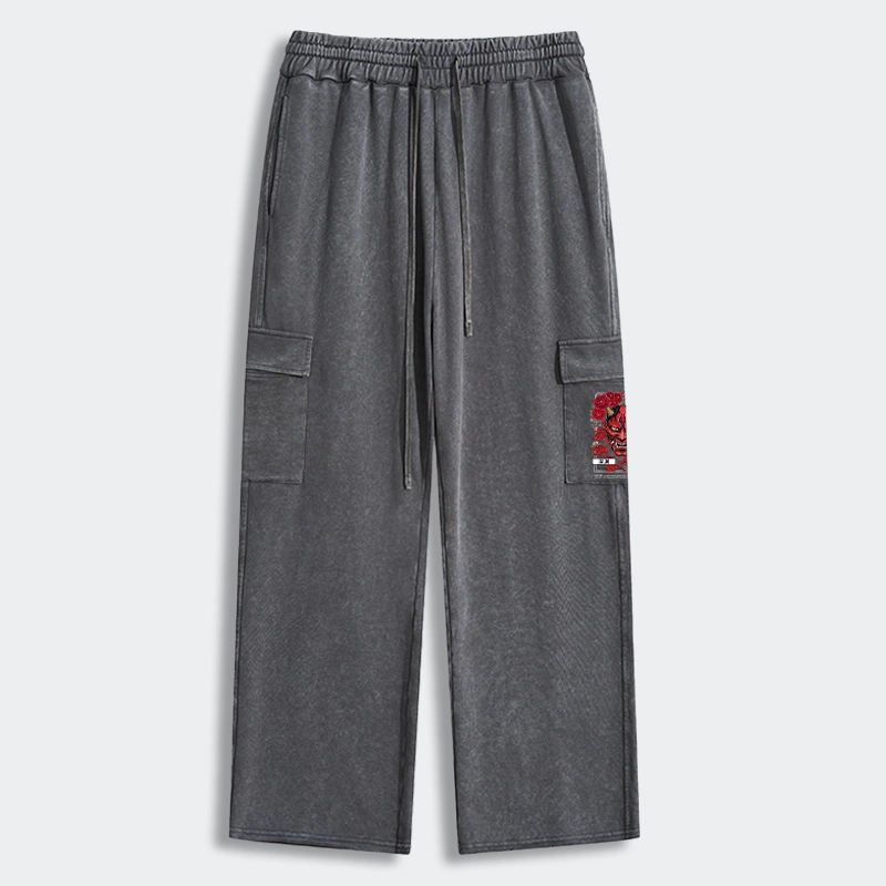 Tokyo-Tiger Cool Oni Floral Art Washed Utility Sweatpants