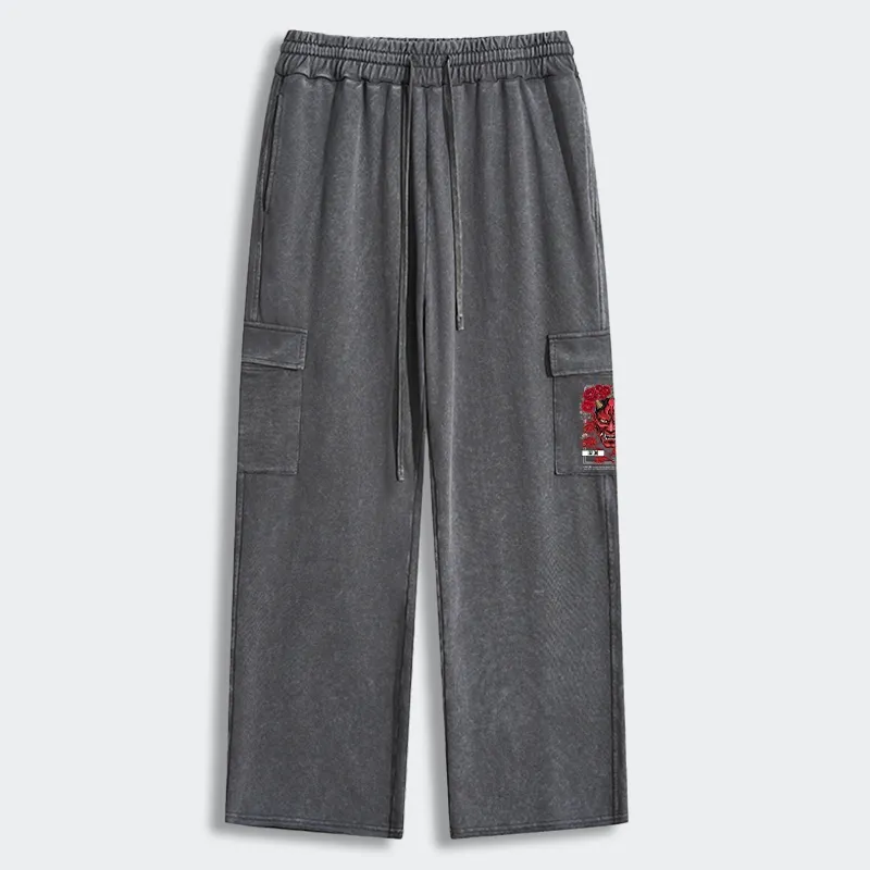 Tokyo-Tiger Cool Oni Floral Art Washed Utility Sweatpants