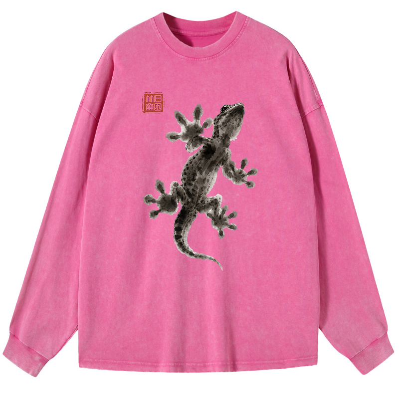 Tokyo-Tiger Minimal Asian Ink Brush Gecko Vibe Washed Long Sleeve T-Shirt
