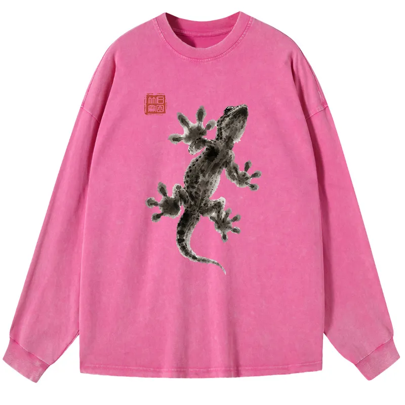 Tokyo-Tiger Minimal Asian Ink Brush Gecko Vibe Washed Long Sleeve T-Shirt