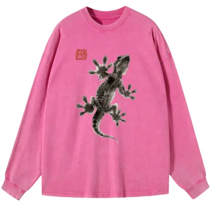 Tokyo-Tiger Minimal Asian Ink Brush Gecko Vibe Washed Long Sleeve T-Shirt
