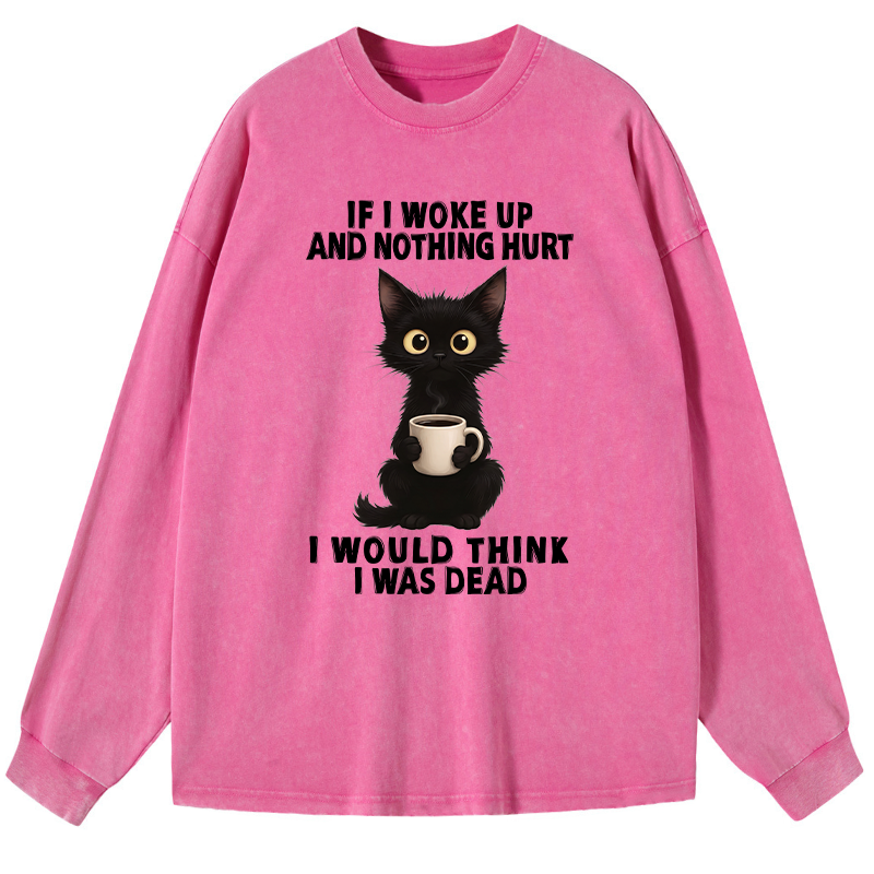 Tokyo-Tiger Funny Cute Black Cat And Coffee Meme Washed Long Sleeve T-Shirt