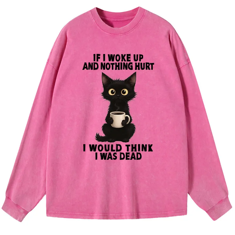 Tokyo-Tiger Funny Cute Black Cat And Coffee Meme Washed Long Sleeve T-Shirt