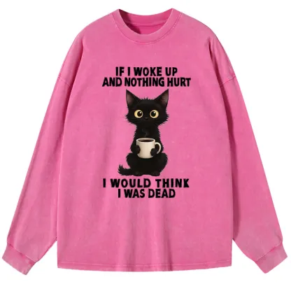 Tokyo-Tiger Funny Cute Black Cat And Coffee Meme Washed Long Sleeve T-Shirt