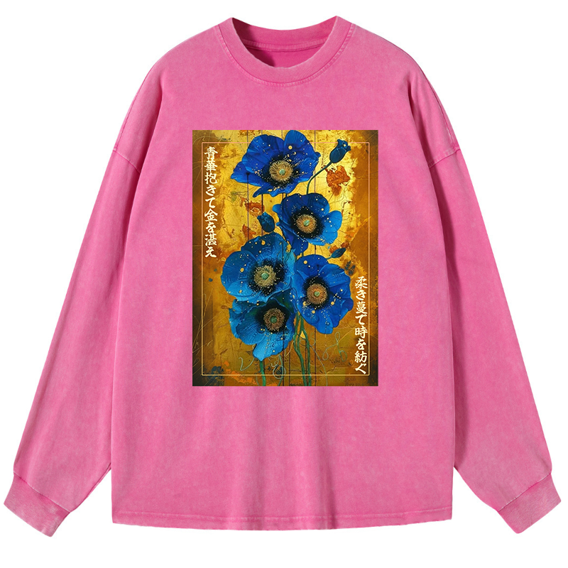 Tokyo-Tiger Shiny Blue Flower Warm Golden Background Washed Long Sleeve T-Shirt