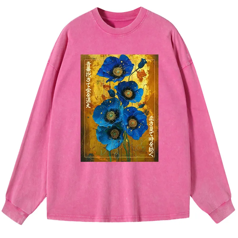 Tokyo-Tiger Shiny Blue Flower Warm Golden Background Washed Long Sleeve T-Shirt