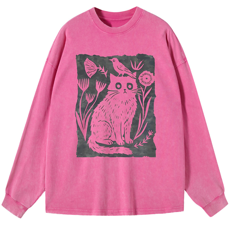 Tokyo-Tiger Folk Paper Cut Cat Bird Floral Art Washed Long Sleeve T-Shirt