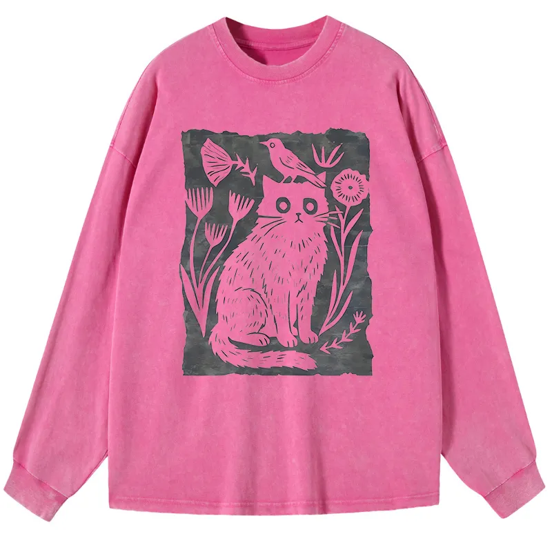 Tokyo-Tiger Folk Paper Cut Cat Bird Floral Art Washed Long Sleeve T-Shirt